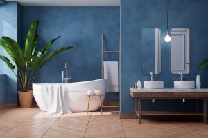 Luxurious,Modern,Bathroom,Interior,Design,white,Bathtub,On,Grunge,Dark,Blue